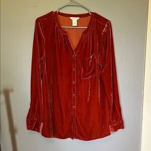 Anthropologie Red Mandarin Collar Long Sleeve Button Down